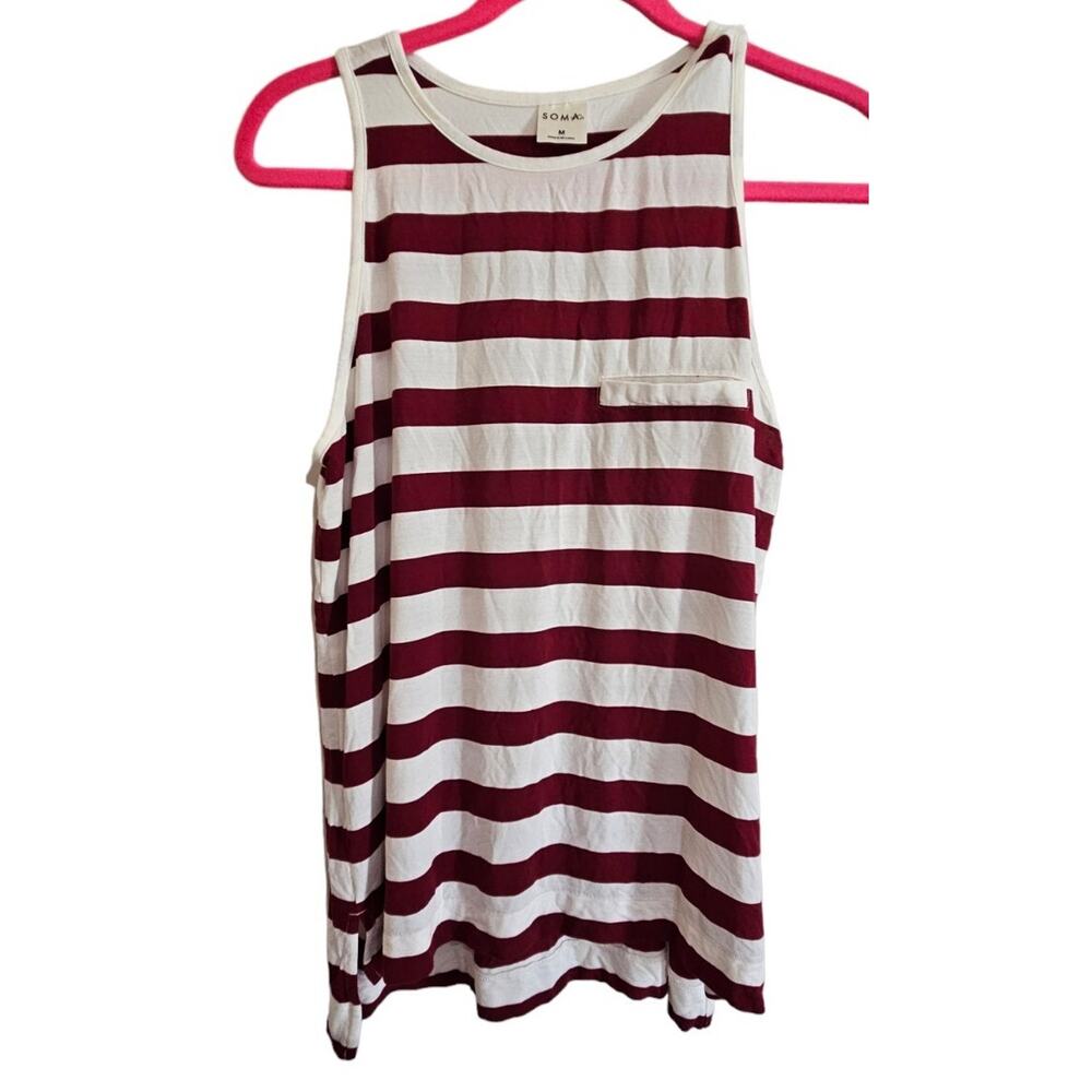 Soma Super Soft Sleeveless White Red Maroon Striped Pocket Long Tank Top Medium
